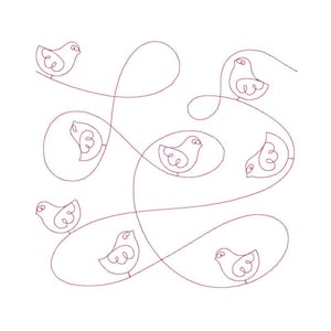 May include: A digital embroidery design featuring a whimsical pattern of birds and swirls. The design is outlined in a dark red thread and would be suitable for a variety of sewing projects.