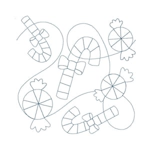 May include: A black and white line drawing of candy canes and lollipops. The candy canes have bows on them and the lollipops have a swirl design.