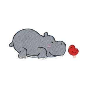 Bird And Hippo Embroidery Design - 3x3 4x4 5x5 Inch Hoop Sizes Included - Hippo Embroidery Design, Hippopotamus Embroidery Design