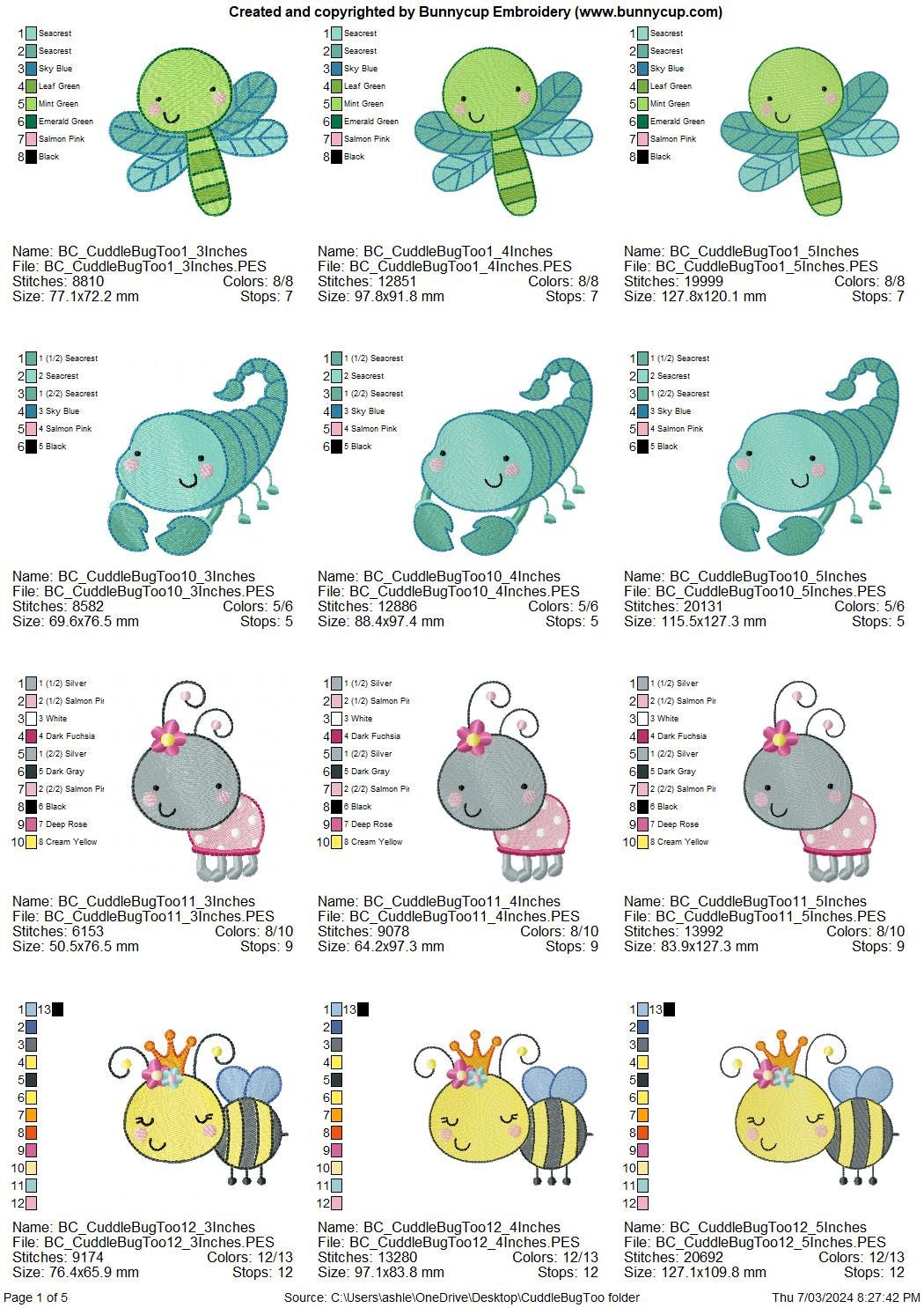 Cuddle Bug Too - 17 Machine Embroidery Designs - 3, 4 & 5 Inch Sizes ...