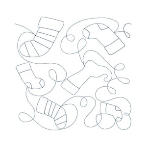 May include: A black and white line drawing of various socks with a whimsical design. The socks are drawn with a simple, stylized look and are arranged in a random pattern.