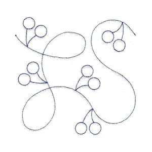May include: A black and white line drawing of a stylized floral design with five clusters of berries. The design is reminiscent of a vine with berries.