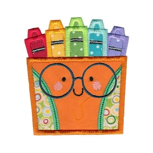 Applique Glasses Box Of Crayons Embroidery Design - 4x4 5x7 6x10 8x8 Sizes Included - School Applique, School Embroidery Design