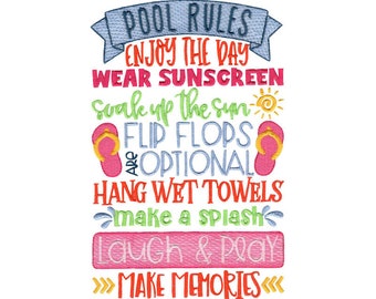 Pool Rules - Machine Embroidery Design - 5x7 6x10 8x8 8x12 Inch Hoop Sizes - Summer Embroidery Design, Summer Saying Embroidery Design