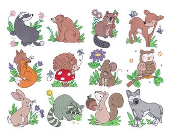Animales del Bosque - 12 Diseños de Bordado a Máquina - Aros de 4x4 y 5x7 Pulgadas - Diseños de Bordado de Animales del Bosque, Bordado de Animales del Bosque