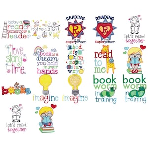 Children's Library Sentiments - 17 Embroidery Designs - Multiple Sizes Included - Children's Library Embroidery Designs, Reading Embroidery