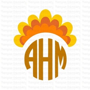 May include: A brown circle monogram with the letters "AHM" in white. The monogram is topped with a stylized orange and yellow flower.