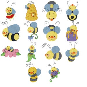 May include: A set of 14 cute cartoon bee illustrations in various poses, including bees in a hive, bees with flowers, and bees with honey pots. The bees are yellow with black stripes and have blue wings.