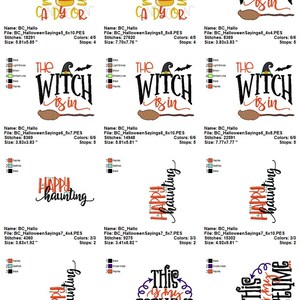 May include: A set of 10 Halloween embroidery designs featuring various sayings and images, including "I love you more than candy corn", "The witch is in", "Happy haunting", and "This is my costume".