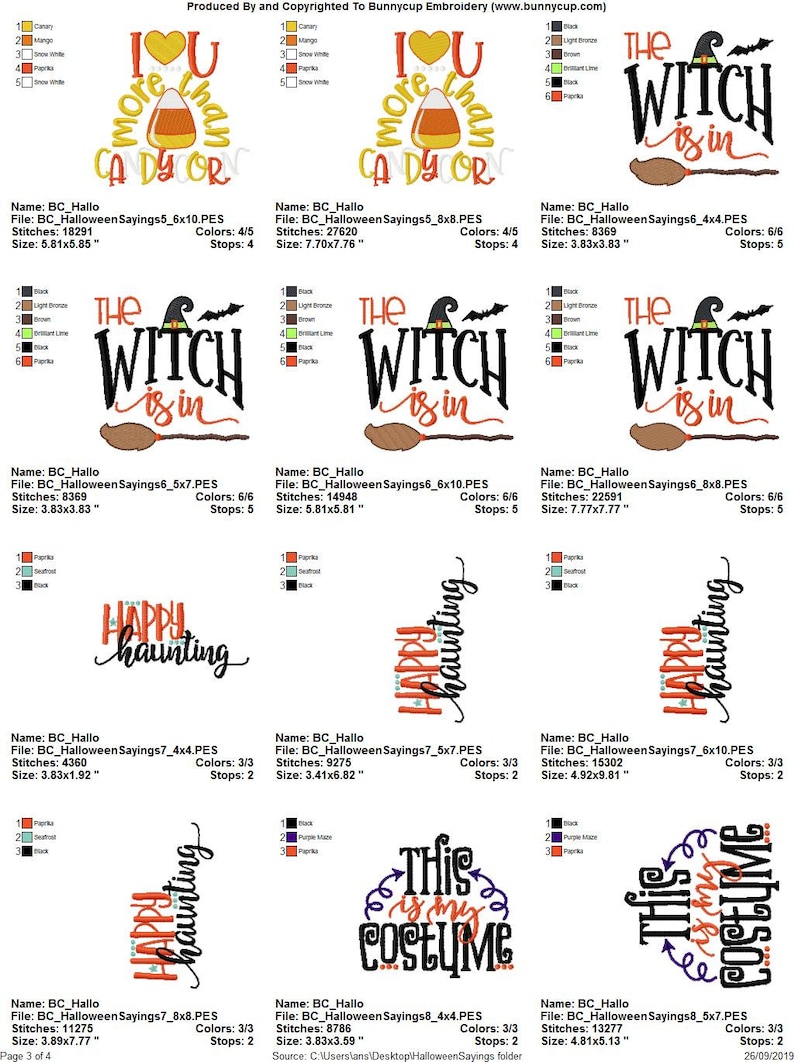 May include: A set of 10 Halloween embroidery designs featuring various sayings and images, including "I love you more than candy corn", "The witch is in", "Happy haunting", and "This is my costume".