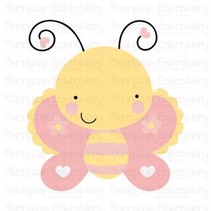 Puede incluir: Una ilustración de dibujos animados de una mariposa amarilla y rosa con una cara sonriente. La mariposa tiene un cuerpo rayado amarillo y blanco y alas rosas con corazones blancos.