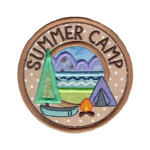 May include: A brown and tan embroidered patch with the words "Summer Camp" in a circle around a scene of a lake, mountains, a tent, a canoe, and a campfire.