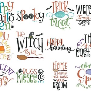 May include: A set of 10 Halloween-themed embroidery designs. The designs feature various phrases and images, including "Happy Halloween", "Trick or Treat", "Welcome to our Web", "The Witch is in", "Happy Haunting", "This is my Costume", "Frequent Flyer", "Bugs & Kisses", "Home is where you hang your broom", and "Come Spell".