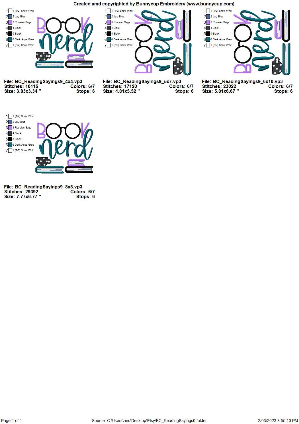 Book Nerb Pattern Book Nerd Embroidery Design - 4x4 5x7 6x10 8x8 Sizes Included - Reading ...
