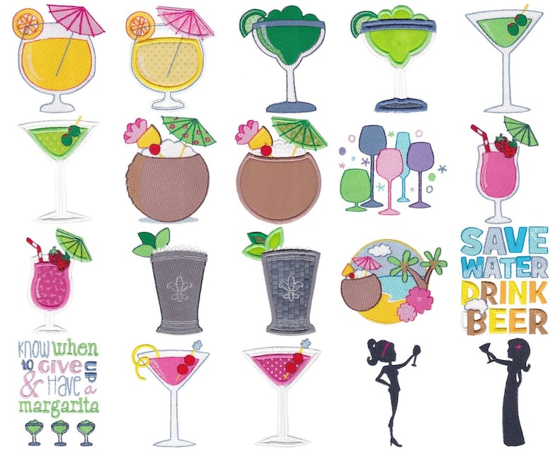 Cocktails 20 applique and filled stitch machine embroidery  etsy Cocktails 20 applique and filled stitch machine embroidery  etsy