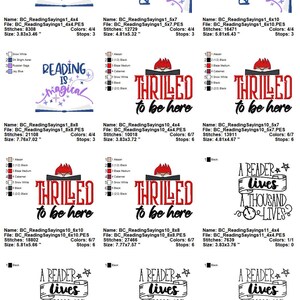 Puede incluir: Un conjunto de 10 dise&ntilde;os de bordado con diferentes citas sobre la lectura. Los dise&ntilde;os incluyen frases como "Leer es m&aacute;gico", "Encantado de estar aqu&iacute;" y "Un lector vive mil vidas". Los dise&ntilde;os est&aacute;n en una variedad de tama&ntilde;os y colores, incluyendo negro, blanco, rojo y azul.