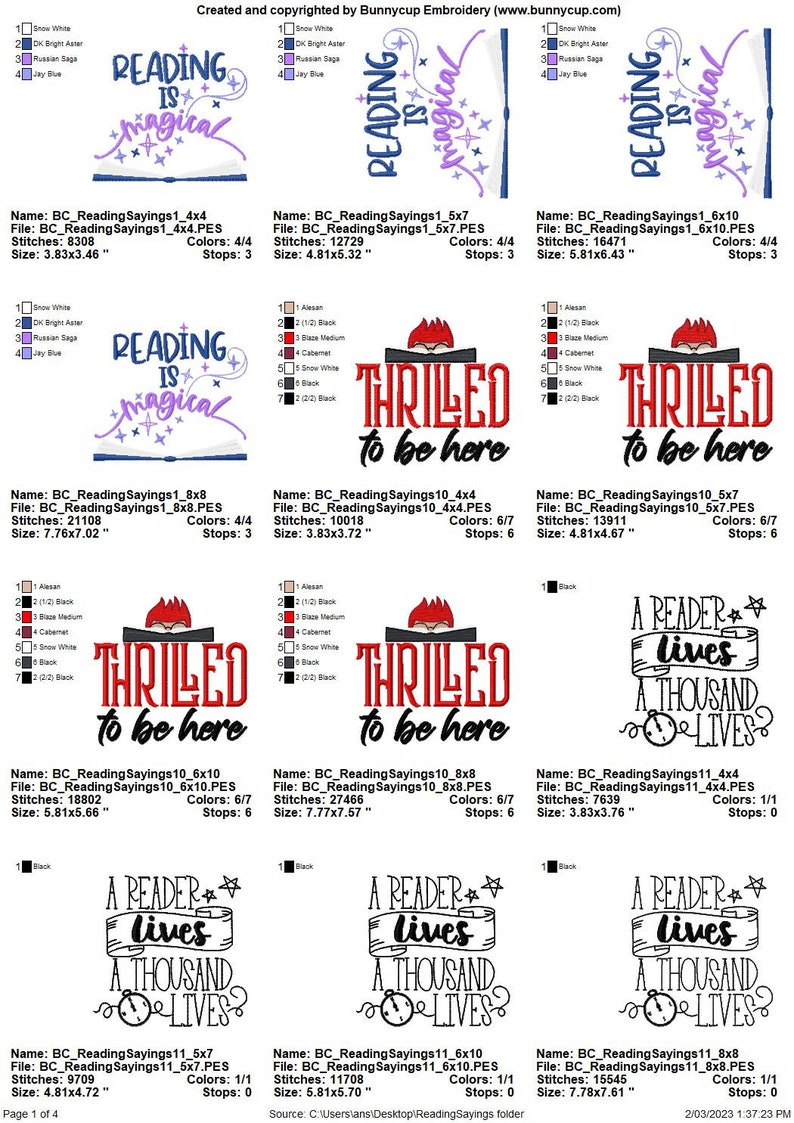 Puede incluir: Un conjunto de 10 dise&ntilde;os de bordado con diferentes citas sobre la lectura. Los dise&ntilde;os incluyen frases como "Leer es m&aacute;gico", "Encantado de estar aqu&iacute;" y "Un lector vive mil vidas". Los dise&ntilde;os est&aacute;n en una variedad de tama&ntilde;os y colores, incluyendo negro, blanco, rojo y azul.