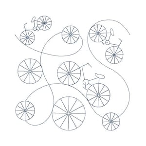 Peut inclure: Un fond blanc présente un motif répétitif de vélos et de roues dans un style minimaliste, en trait. Les vélos sont petits et détaillés, avec des lignes courbes reliant les roues. Le design est simple et élégant.