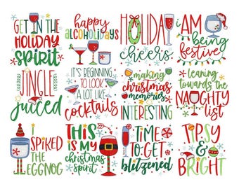 Frases de cócteles navideños - 12 diseños de bordado a máquina - Varios tamaños incluidos - Diseños de bordado de cócteles navideños