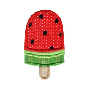 May include: A red and green watermelon popsicle applique with black seeds. The popsicle is made of felt and has a stitched outline.