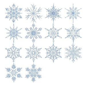 May include: Twelve blue snowflake designs, each with a unique pattern, are arranged in a grid on a white background. The snowflakes are all symmetrical and have a delicate, intricate design.