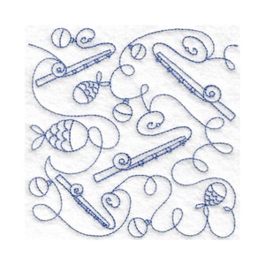 May include: A blue and white embroidery design featuring a repeating pattern of fishing rods, fish, and swirls. The design is perfect for a variety of crafting projects, such as quilting, embroidery, and cross-stitch.