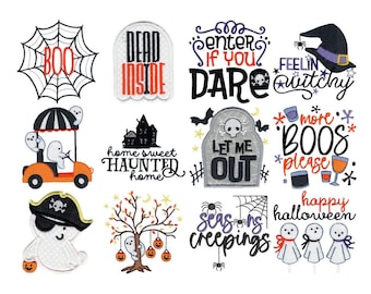 May include: A selection of Halloween patches with diverse designs. Features a spider web with "BOO", a tombstone with "LET ME OUT", and a ghost in a pirate hat. Other patches display phrases such as "DEAD INSIDE" and "Happy Halloween".