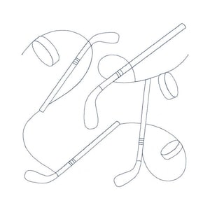 Op de afbeelding: Een witte illustratie met hockeysticks en pucks. Het ontwerp maakt gebruik van dunne, zwarte lijnen om de uitrusting weer te geven, met de sticks in verschillende hoeken en de pucks verspreid.