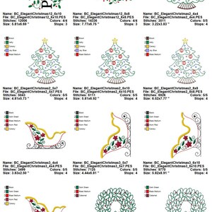 May include: A set of 10 embroidery designs featuring Christmas themes, including a Christmas tree, a sleigh, a wreath, and the word "PEACE". The designs are in various sizes and colors, including green, red, and gold.