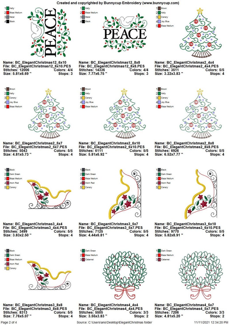 May include: A set of 10 embroidery designs featuring Christmas themes, including a Christmas tree, a sleigh, a wreath, and the word "PEACE". The designs are in various sizes and colors, including green, red, and gold.