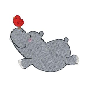 Bird And Hippo Embroidery Design - 3x3 4x4 5x5 Inch Hoop Sizes Included - Hippo Embroidery Design, Hippopotamus Embroidery Design