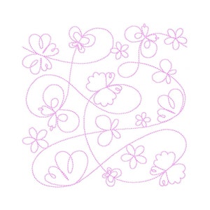 May include: A pink floral design with a repeating pattern of stylized flowers and leaves. The design is created with a series of connected lines.