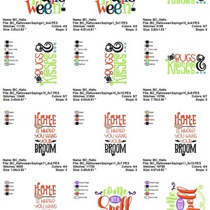 May include: A set of 12 Halloween embroidery designs featuring various phrases and images, including "Happy Hallo Ween", "Bugs & Kisses", "Home is Where You Hang Your Broom", and "Come Sit a Spell". The designs are in a variety of colours, including black, green, orange, and red.