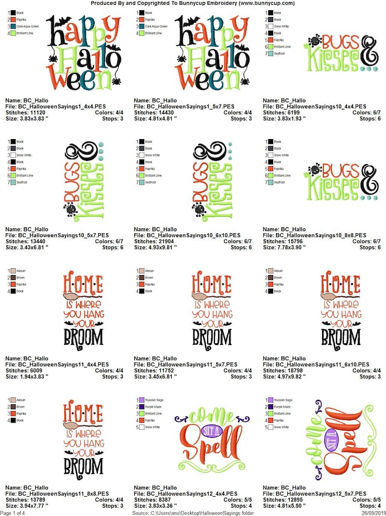 May include: A set of 12 Halloween embroidery designs featuring various phrases and images, including "Happy Hallo Ween", "Bugs & Kisses", "Home is Where You Hang Your Broom", and "Come Sit a Spell". The designs are in a variety of colours, including black, green, orange, and red.