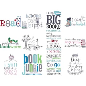 Library Sentiments - 12 Machine Embroidery Designs - Multiple Sizes - Reading Pillows, Reading Embroidery Designs