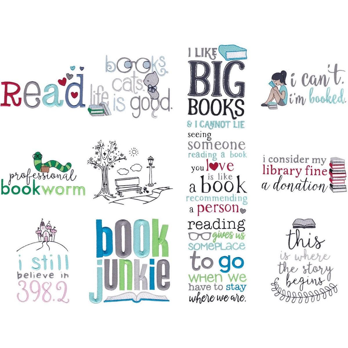 Library Sentiments - 12 Machine Embroidery Designs - Multiple Sizes - Reading Pillows, Reading Embroidery Designs