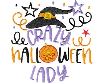 Crazy Halloween Lady Borduurwerk Ontwerp - 4x4 5x7 6x10 8x8 Maten Inbegrepen - Halloween Borduurwerk Ontwerp, Halloween Zeggen Borduurwerk Ontwerp