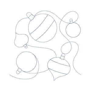 May include: A black and white line drawing of four Christmas ornaments hanging from strings. The ornaments are different shapes and sizes, and some have stripes.