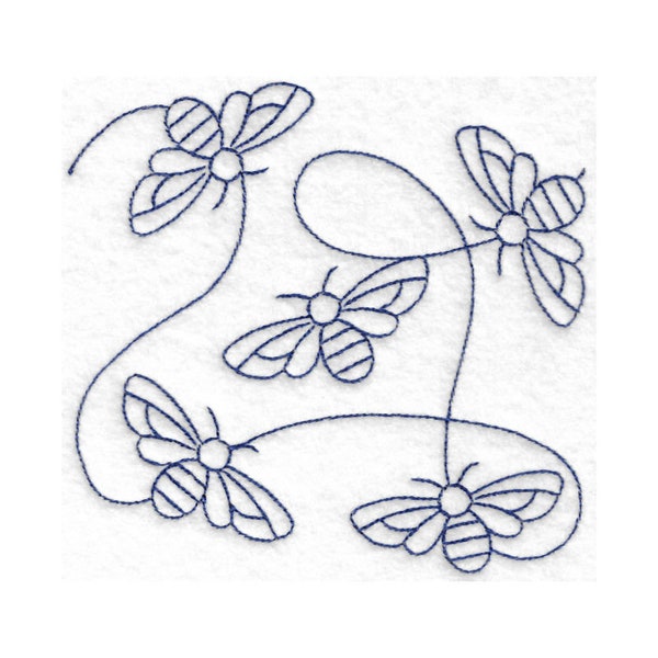 May include: A line drawing of five bees with striped bodies and wings, connected by a continuous line. The bees are in a circular pattern, with the line forming a loop.
