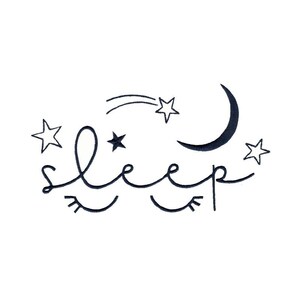 Peut inclure: Illustration en noir et blanc du mot « sleep » avec une lune croissante, une étoile filante et des étoiles.