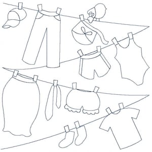 Puede incluir: Dibujo lineal de varias prendas de vestir colgadas en un tendedero. Incluye una gorra de béisbol, pantalones, un traje de baño, pantalones cortos, una falda, una corbata, calcetines y una camiseta. Un pequeño pájaro está posado en la línea.