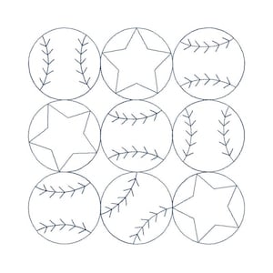 May include: Nine circular designs on a white background. The designs include baseballs with stitching and star shapes, all outlined in a dark blue color. The arrangement is in a three-by-three grid.