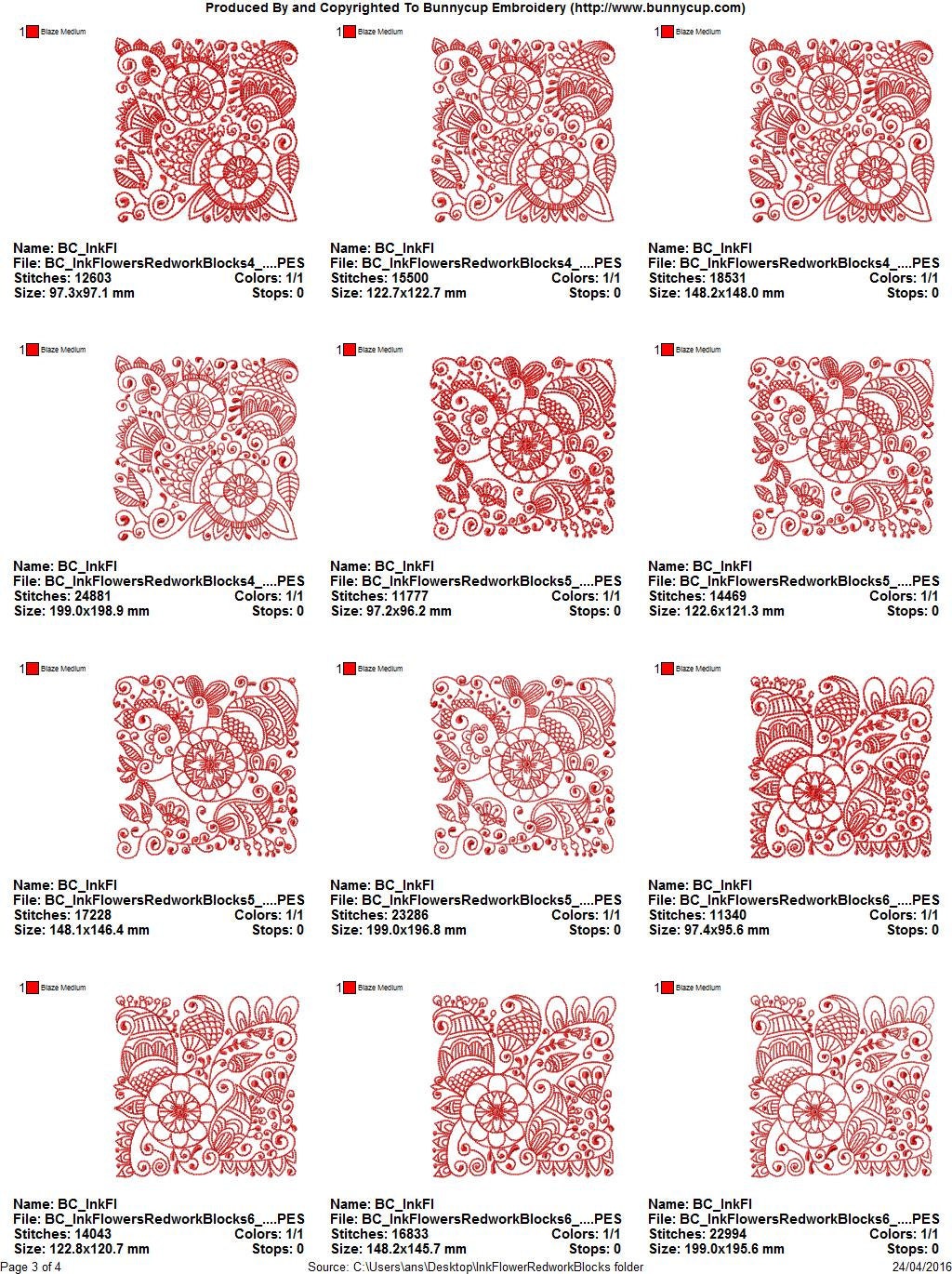 Redwork Blocks Ink Flower Redwork Blocks 12 Different Machine Embroidery Designs 4x4 ...