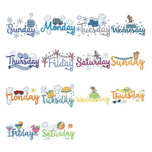 Veckans dagar - 14 maskinbroderimönster - 4x4 5x7 6x10 8 x 8 tums bågstorlekar ingår - Veckans dagar broderimönster