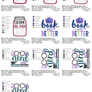 Puede incluir: Un conjunto de 10 dise&ntilde;os de bordado con diferentes lemas relacionados con los libros. Los dise&ntilde;os incluyen "Reading is my jam", "The book was better" y "Book nerd". Los dise&ntilde;os est&aacute;n disponibles en varios tama&ntilde;os, que van desde 4x4 pulgadas hasta 8x8 pulgadas.