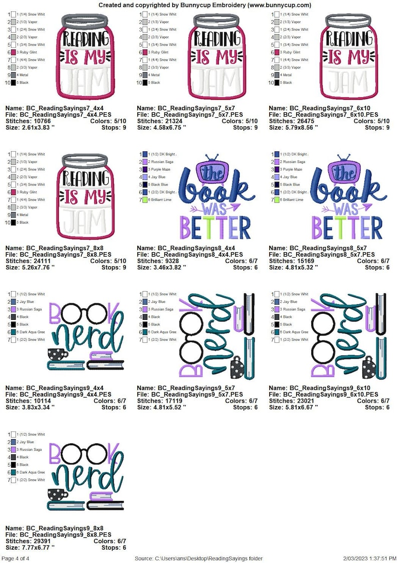 Puede incluir: Un conjunto de 10 dise&ntilde;os de bordado con diferentes lemas relacionados con los libros. Los dise&ntilde;os incluyen "Reading is my jam", "The book was better" y "Book nerd". Los dise&ntilde;os est&aacute;n disponibles en varios tama&ntilde;os, que van desde 4x4 pulgadas hasta 8x8 pulgadas.