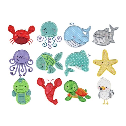 Criaturas marinas tres apliques - 12 diseños de bordado a máquina - 4x4 5x7 6x10 8x8 tamaños incluidos - Diseños de bordado de animales marinos