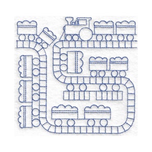 May include: A blue embroidered design of a toy train set with a locomotive and multiple train cars on a track. The train set is on a white background.