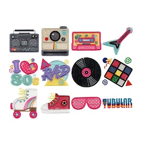 May include: A set of 10 iron-on patches with a 1980s theme. The patches feature a cassette tape, a boombox, a camera, a record, a roller skate, a pair of sunglasses, a Rubik's cube, and the words "I Love the 80s", "Rad", and "Tubular".
