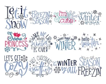 Frases de invierno - 12 diseños de bordado a máquina - Incluye varios tamaños - Diseños de bordado de invierno, Diseños de bordado con frases de invierno